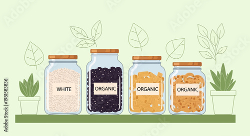 Four glass jars with organic food ingredients on a shelf, healthy lifestyle concept