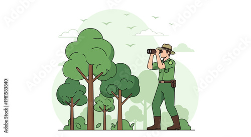 Forest Ranger Observing Wildlife with Binoculars in Lush Green Forest