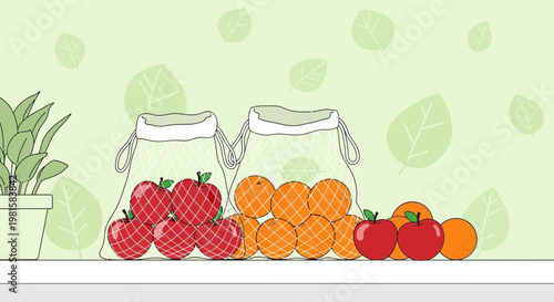 Fresh Apples and Oranges in Reusable Mesh Bags, Healthy Food Concept