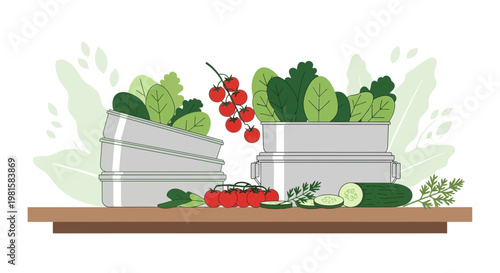 Fresh Salad Ingredients and Lunch Boxes on Wooden Table, Healthy Eating Concept