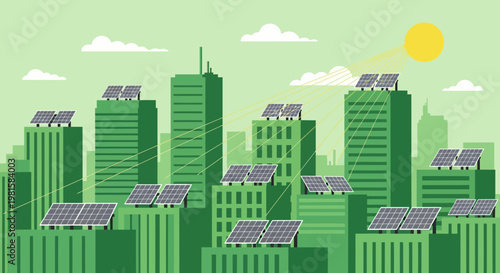 Green City Skyline with Rooftop Solar Panels Generating Clean Energy
