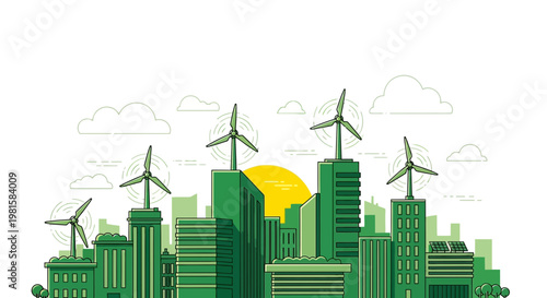 Green city skyline with wind turbines and solar panels, sustainable urban development concept