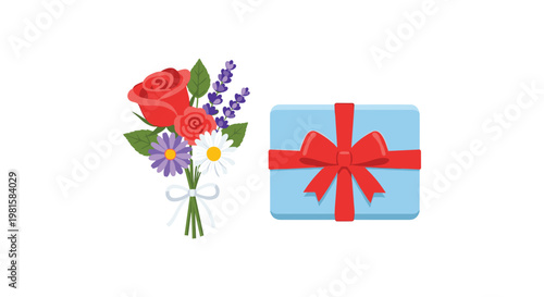 A stunning bouquet of red roses and purple lavender is presented alongside a pristine light blue gift box wrapped with a large crimson bow on a white background.