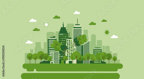 Green Cityscape with Eco-Friendly Buildings and Lush Trees, Sustainable Urban Environment Concept