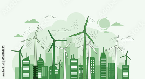 Green Cityscape with Wind Turbines: Sustainable Energy and Eco-Friendly Urban Future