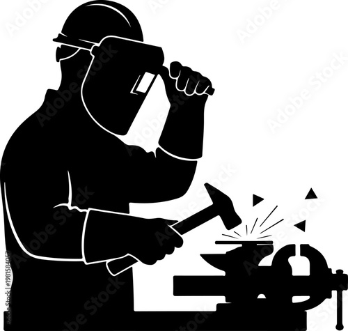 Black silhouette of a professional welder working with hammer and anvil, industrial metalworker in protective gear, blacksmith welding vector icon