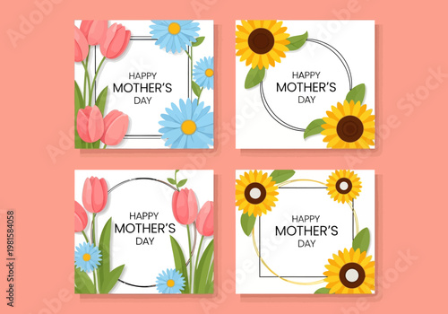 Set of Four Happy Mother's Day Floral Card Templates with Paper Cut Style Tulips, Sunflowers, and Daisies