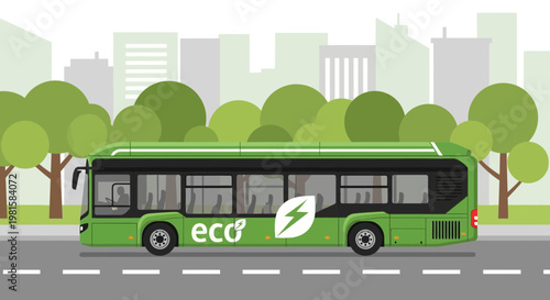 Green eco electric bus driving in city with trees and buildings background