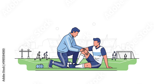 A dedicated male coach in a blue tracksuit provides immediate medical attention to an injured soccer player on a green field during a competitive match.