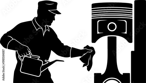 Vintage mechanic silhouette repairing engine piston, industrial worker with oil can and rag, automotive repair service vector illustration