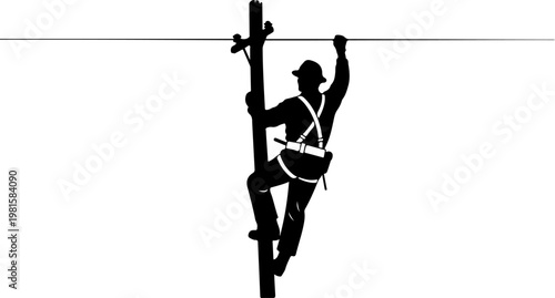 Lineman silhouette climbing utility pole, electrical worker repairing power lines, technician with safety harness on telephone pole vector