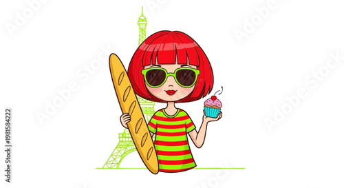 Parisian Girl with Baguette and Cupcake, Eiffel Tower Illustration