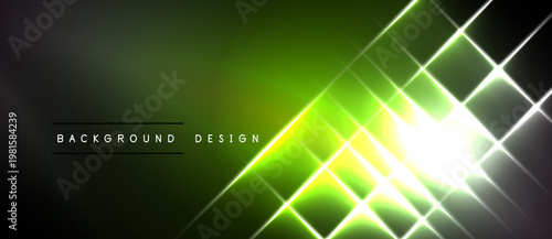Bright green abstract background. Diagonal lines create glowing geometric pattern. Dark edges frame vibrant central light source.