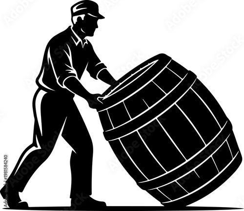Vintage woodcut style worker rolling a large wooden barrel, black and white brewery worker silhouette, retro manual labor illustration of a cooper