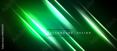 Abstract green background features dynamic diagonal lines. Bright streaks create modern, energetic visual effect. Dark areas provide contrast.