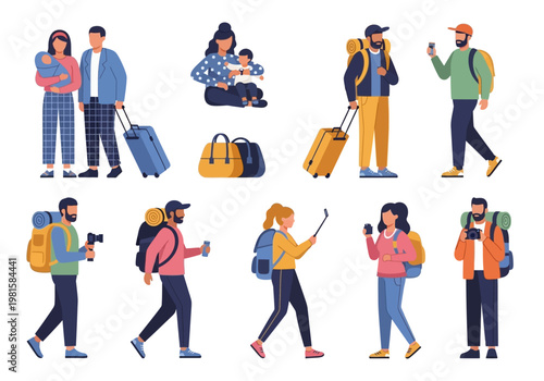 Diverse Set of People Traveling with Luggage, Backpacks, and Families Flat Vector Illustration Isolated on White Background