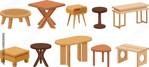Stylized wooden table collection with unique modern and rustic designs, flat vector furniture set including round, square and creative table shapes