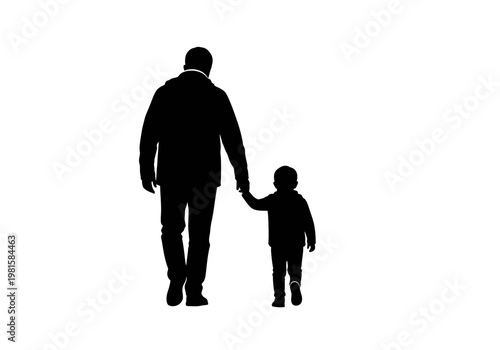 Silhouette of a Father and Son Walking Together Holding Hands Isolated on White Background