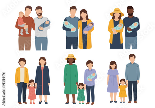 Set of Diverse Family Illustrations Featuring LGBTQ Gay Lesbian Couples Interracial Parents and Traditional Families with Newborns and Children for Inclusive Design Projects