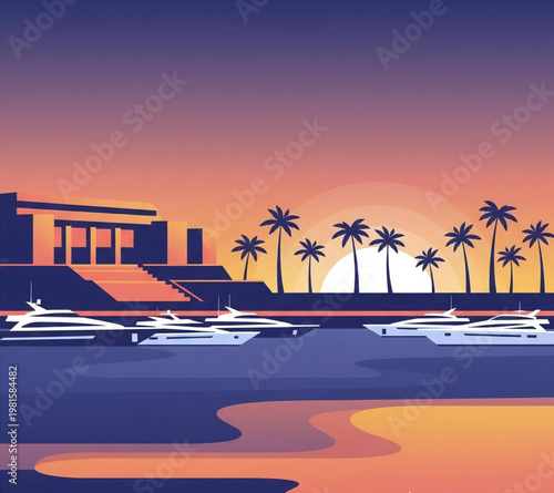Vibrant sunset over a luxurious tropical bay featuring modern resort architecture, elegant yachts, and silhouetted palm trees, creating a serene and opulent vacation vista