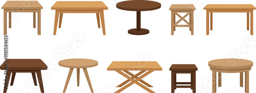 Minimal wooden table collection in flat style with round, square and folding designs, modern furniture vector set for interior and home decor illustration