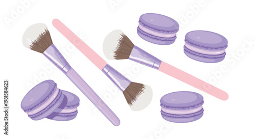 Three elegant purple makeup brushes with soft white bristles are artistically arranged alongside several delicious purple macarons on a clean white background.
