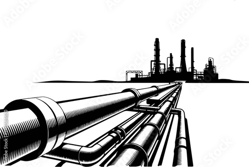 Industrial pipeline network leading to a silhouetted refinery complex under a white sky