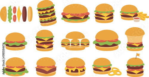 Flat burger vector set with layered ingredients, cheeseburgers, sliders and combo meals, colorful fast food illustration collection isolated on white background
