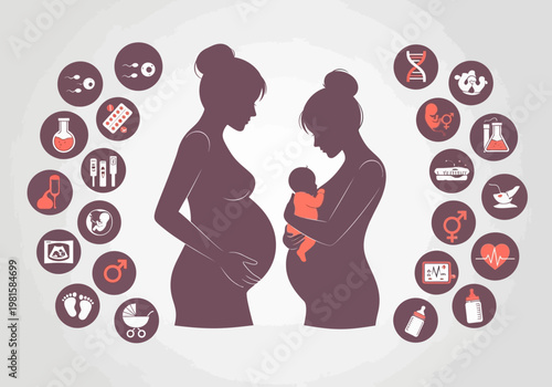 Fertility, Pregnancy, and IVF Journey Illustration with Medical Icons, Pregnant Woman Silhouette, and Mother with Newborn Baby