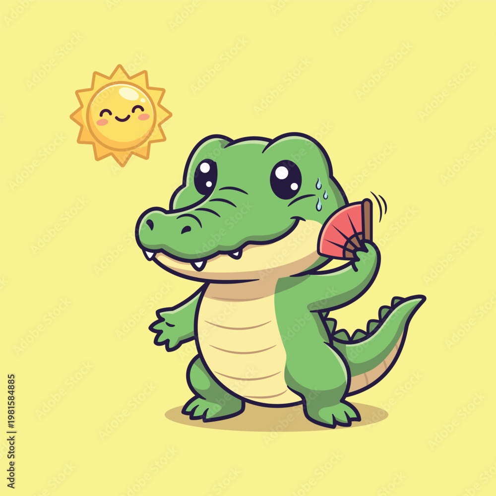 Fototapeta premium Cute Crocodile Cooling Under Sun Vector Illustration