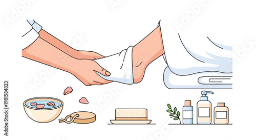 A professional spa technician gently wraps a soft white towel around a client's heel during a relaxing pedicure treatment featuring various skincare products.
