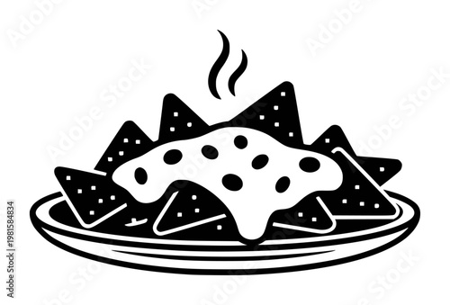 Black and white of hot nachos with cheese and steam a white background, food snack