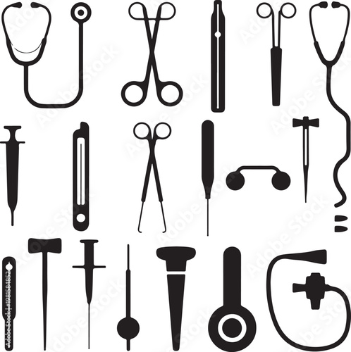 Medical surgical instruments icons set with stethoscope syringe scissors and healthcare tools