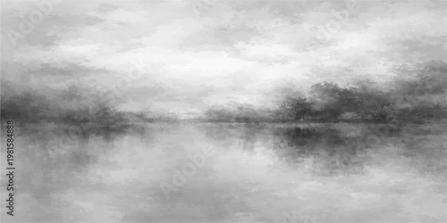Abstract an ethereal black and white landscape painting depicting a serene lake mirroring the sky's soft, misty clouds. This captures the tranquil beauty of nature and the harmony.