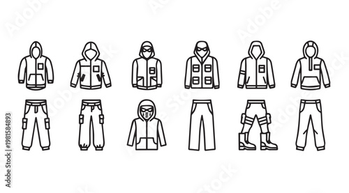 Streetwear apparel icons with hoodies and cargo pants for urban fashion design