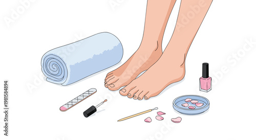A pair of bare feet stands prepared for a professional pedicure session alongside a rolled blue towel and various meticulous nail care tools and petals.