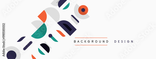 Abstract geometric shapes overlap, creating modern background design. Colors include muted blues, greens, oranges, grays. Minimalist aesthetic.