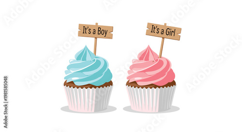 Two delicious chocolate cupcakes topped with vibrant blue and pink swirled frosting feature rustic wooden signs for a traditional gender reveal party event.