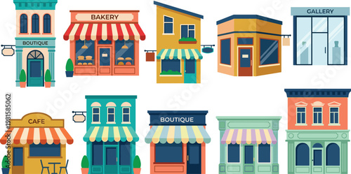 Colorful storefront vector collection featuring bakery, boutique, cafe and gallery buildings with awnings, flat design urban shop facades set isolated on background