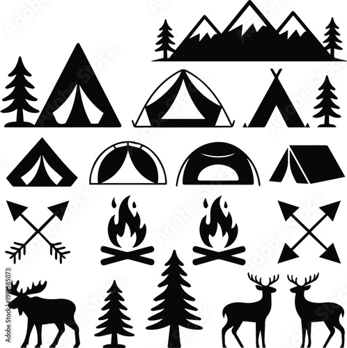 Campfire cooking icons and camp kitchen symbols