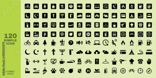 Collection of 120 simple icons. Icons include transportation, technology, nature, and symbols. Simple design, versatile icons, perfect for various uses. User interface icon vector set.