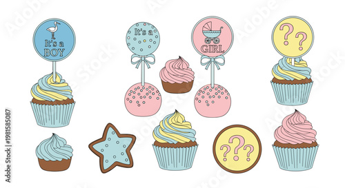 A delightful assortment of pastel blue and pink cupcakes and cake pops stands ready for a festive gender reveal party celebration on a white background.