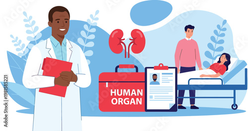 Kidney Transplant Concept with Doctor Patient and Organ Donation Illustration