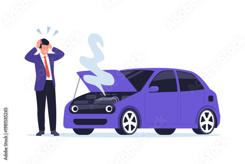 Businessman Frustrated with Broken Smoke Car. A frustrated businessman standing next to a broken purple car with smoke coming out of the open hood, representing vehicle breakdown