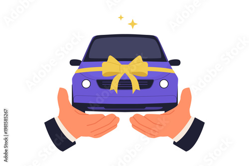 Car Giveaway Prize Winning Concept Illustration. Two giant hands holding a small purple car wrapped with a golden ribbon, representing a grand prize giveaway or winning a new car