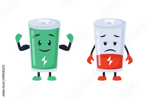 Full and Low Battery Character Comparison. Cartoon illustration of two battery characters: a strong green full battery and a tired red low battery, representing energy levels