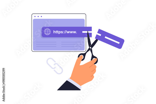 Cutting Web URL for Short Link Concept. A hand using scissors to cut a long website address bar into a short link, representing URL shortening services and web tools