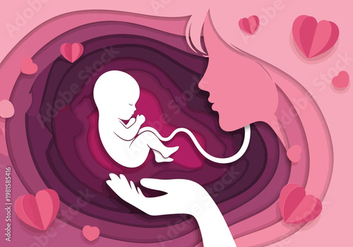 Paper Cut Style Illustration of Fetus in Womb with Mother Silhouette and Hearts Symbolizing Pregnancy and Motherhood