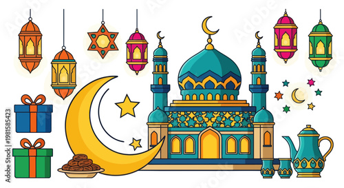 Ramadan Kareem festive elements: mosque, crescent moon, lanterns, gifts, tea set, stars