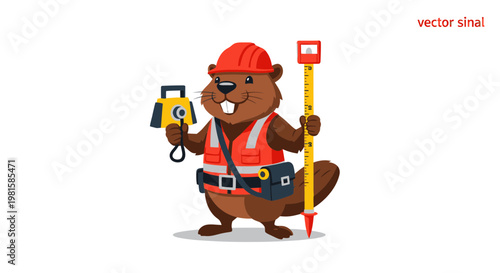 Cartoon Beaver Surveyor with Surveying Equipment